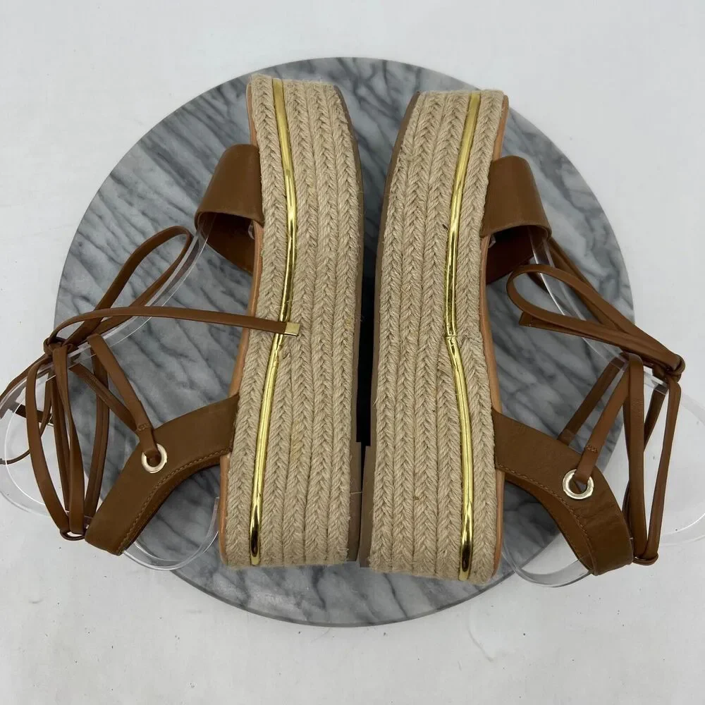 Bleecker & Bond Sandal Womens 7.5 Cognac Brown Odette Espadrille Leather Wedge